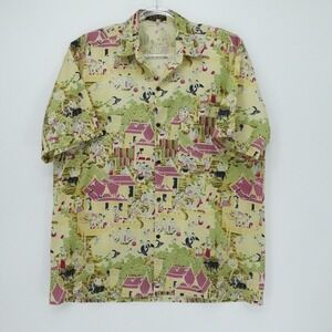 Vintage Thai Silk Shirt Mens XL Gold Oriental Scenic Print Made in Thailand